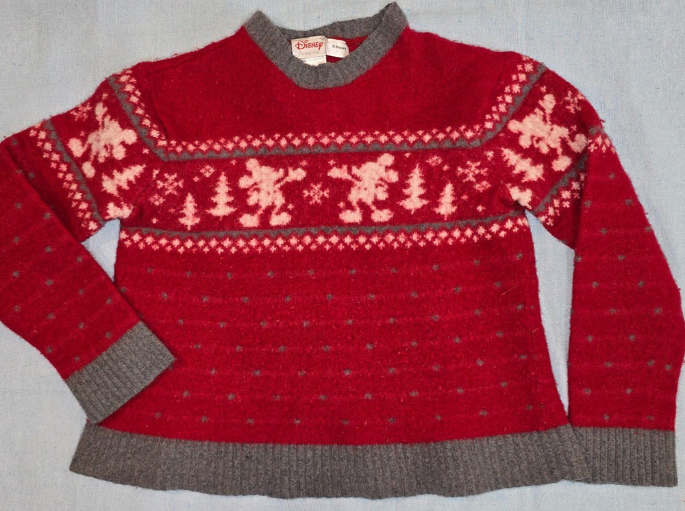 Vintage Disney Size Kids Large Mickey Mouse Wool Blend Christmas Sweater Red EUC